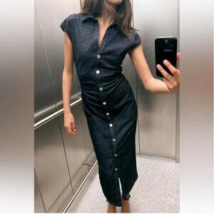 Zara Indigo Denim Cap-Sleeved Midi Button Down Dress - Size XS